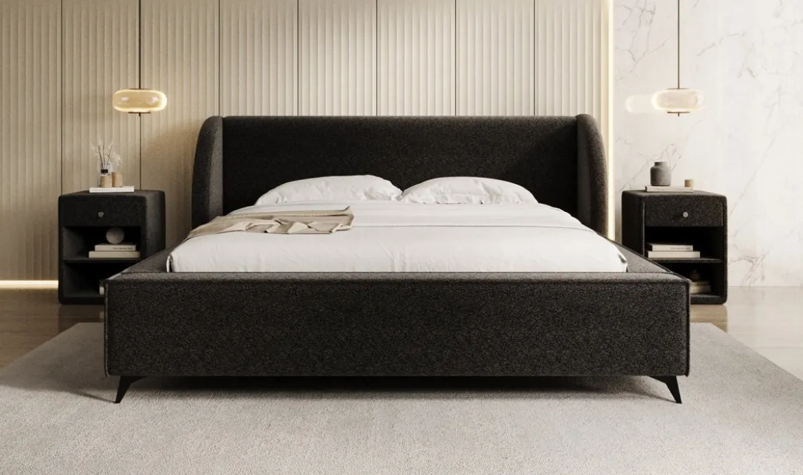 Designer Polsterbett Freya in Strukturstoff mit Stauraum