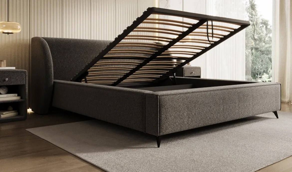 Designer Polsterbett Freya in Strukturstoff mit Stauraum