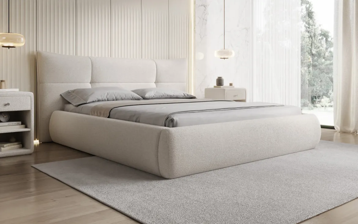 Designer Polsterbett Gioia in Teddy Bouclé mit Stauraum