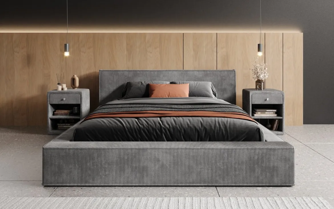 Designer Polsterbett Harmon in Cord mit Stauraum