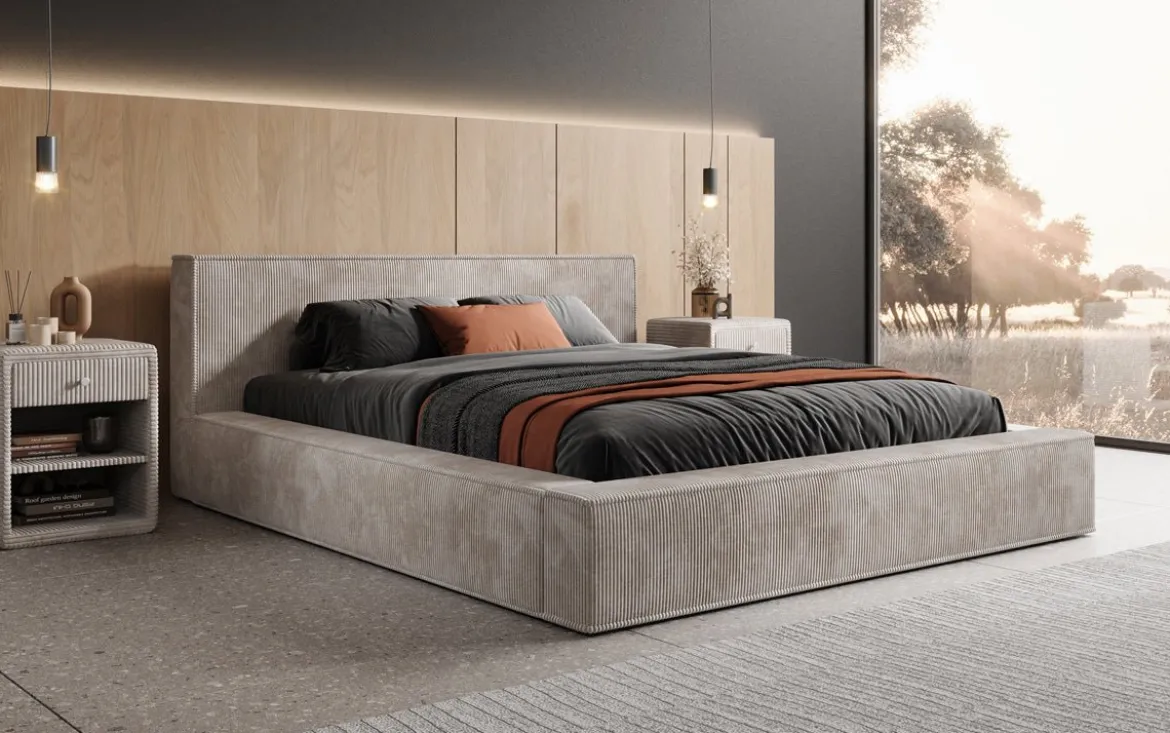 Designer Polsterbett Harmon in Cord mit Stauraum