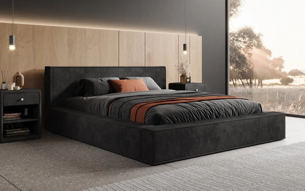 Designer Polsterbett Harmon in Cord mit Stauraum
