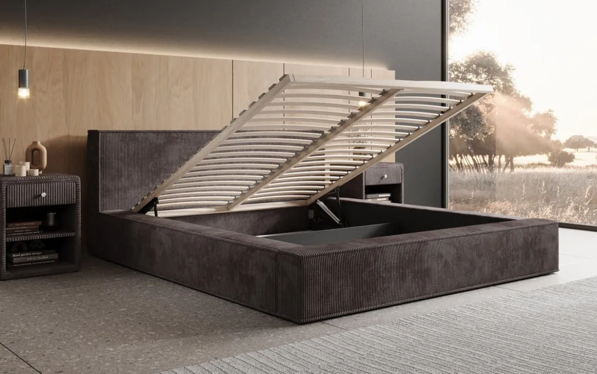 Designer Polsterbett Harmon in Cord mit Stauraum