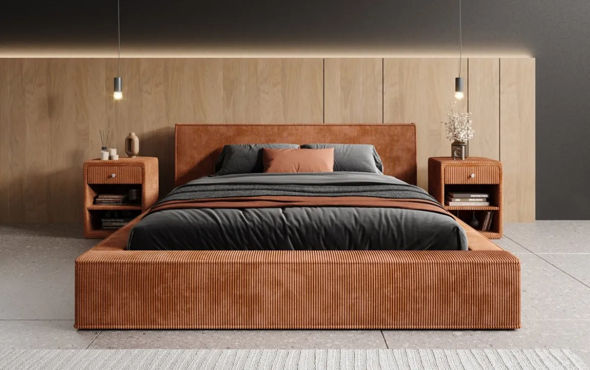 Designer Polsterbett Harmon in Cord mit Stauraum