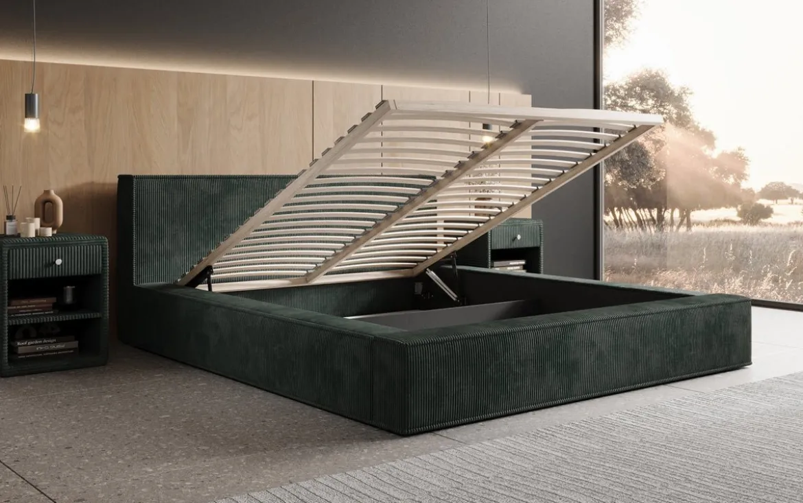 Designer Polsterbett Harmon in Cord mit Stauraum