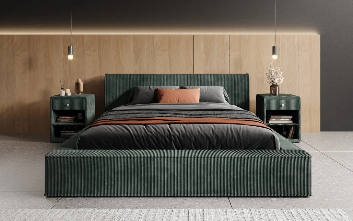 Designer Polsterbett Harmon in Cord mit Stauraum