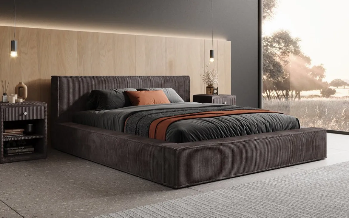 Designer Polsterbett Harmon in Cord mit Stauraum
