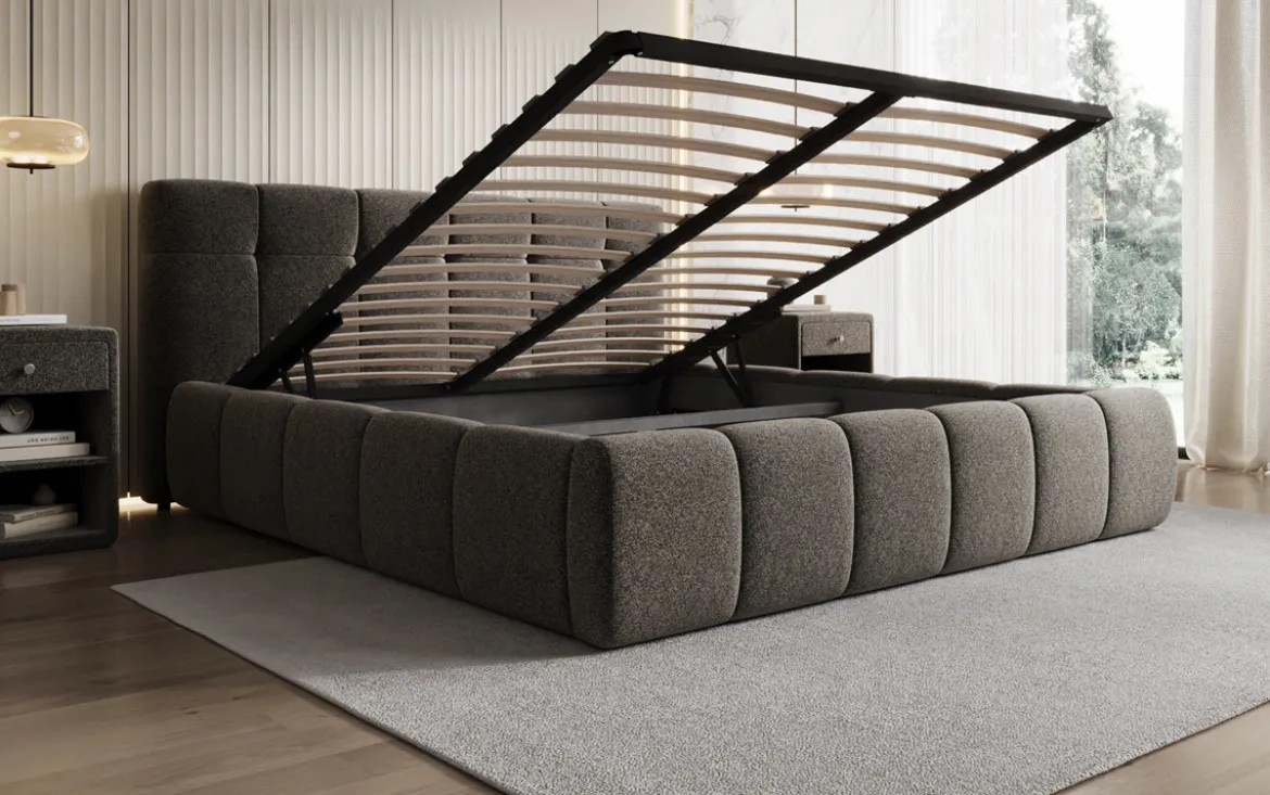 Designer Polsterbett Helena in Strukturstoff mit Stauraum