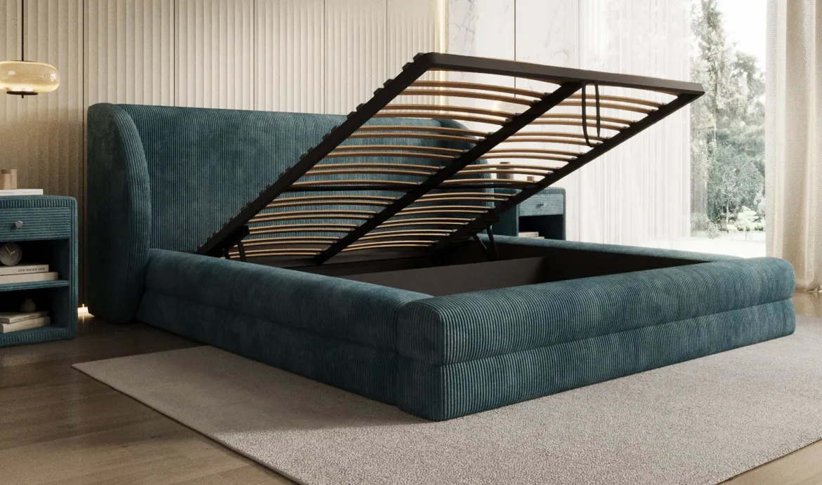 Designer Polsterbett Liv Cord mit Stauraum