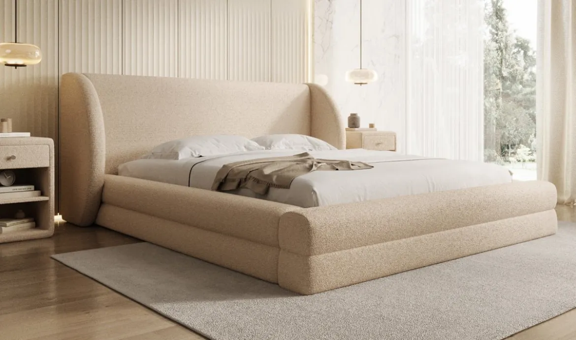 Designer Polsterbett Liv in Teddy Bouclé mit Stauraum