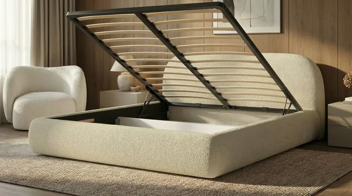 Designer Polsterbett Luma in Bouclé mit Stauraum