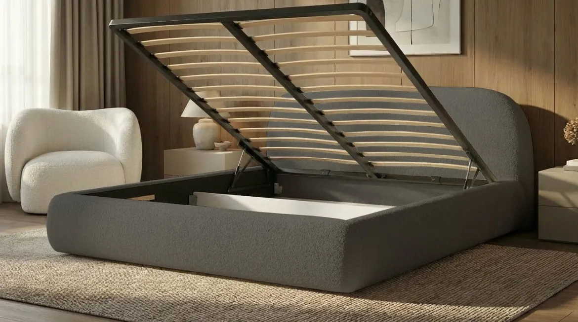 Designer Polsterbett Luma in Bouclé mit Stauraum