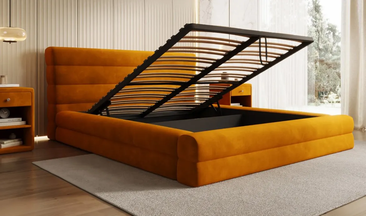 Designer Polsterbett Maren in Samt mit Stauraum