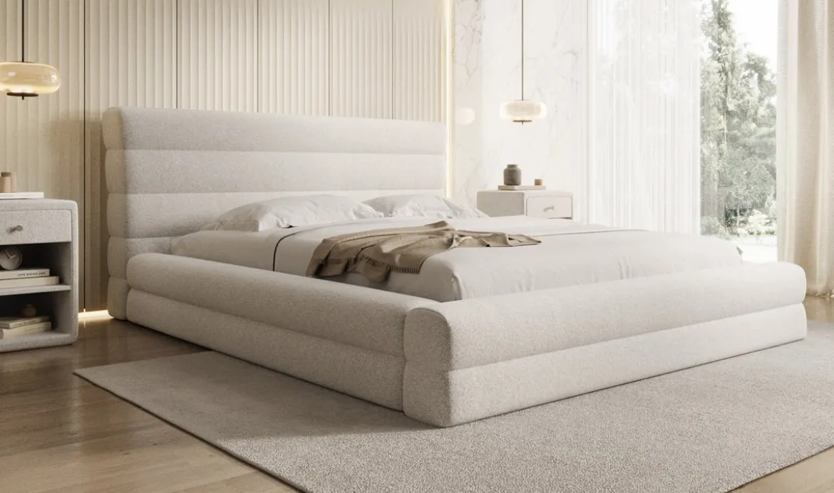 Designer Polsterbett Maren in Strukturstoff mit Stauraum