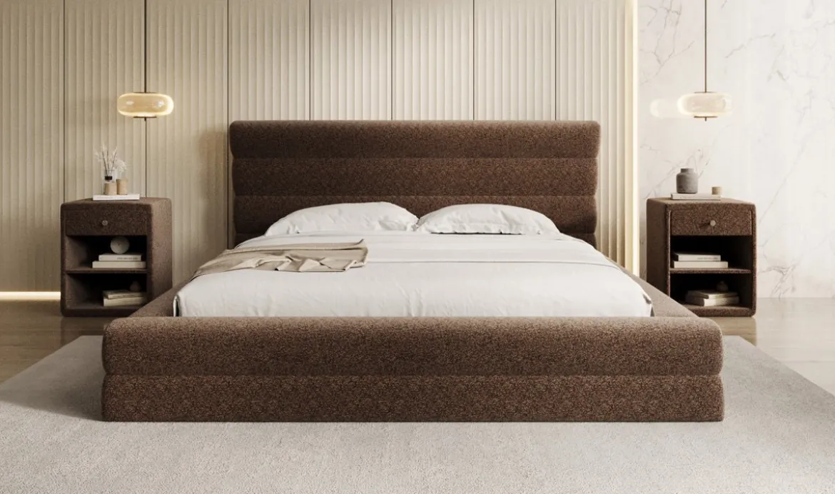 Designer Polsterbett Maren in Strukturstoff mit Stauraum