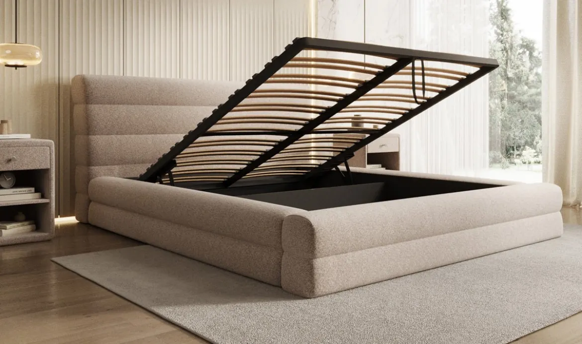 Designer Polsterbett Maren in Strukturstoff mit Stauraum