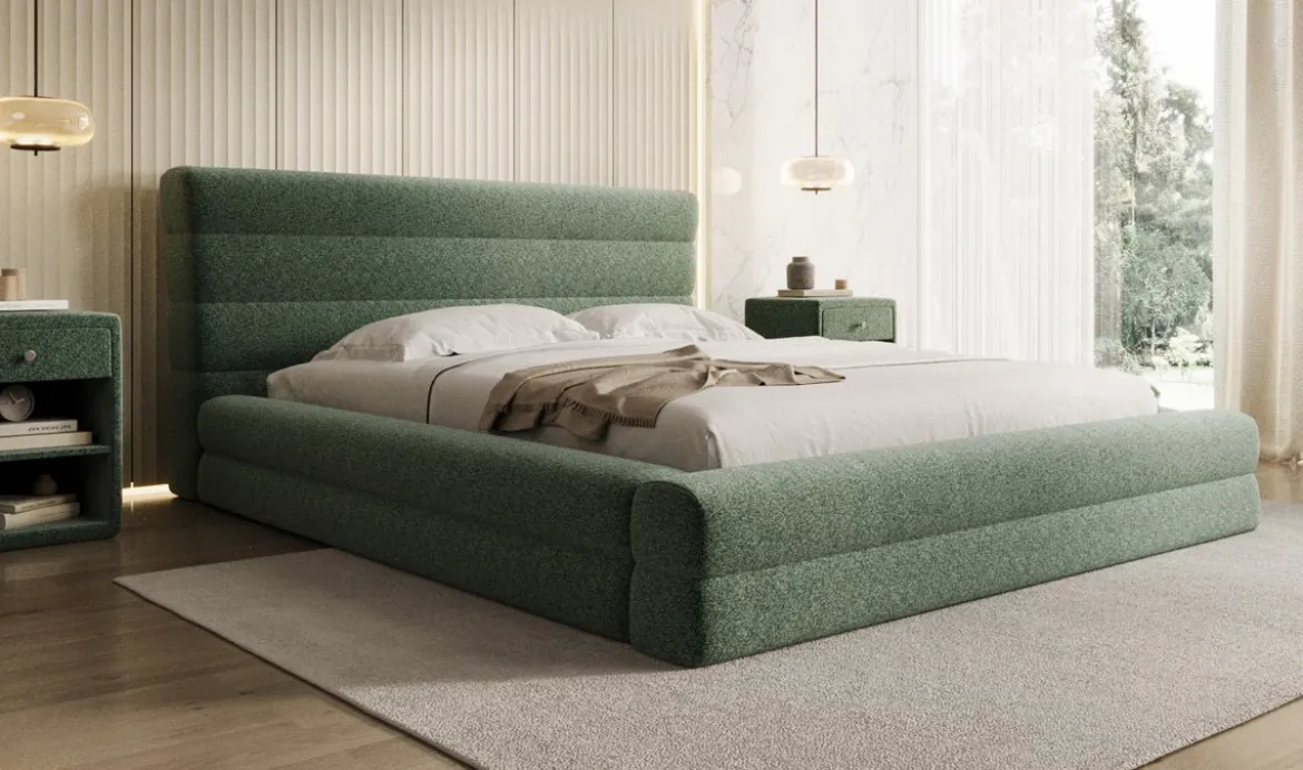 Designer Polsterbett Maren in Strukturstoff mit Stauraum