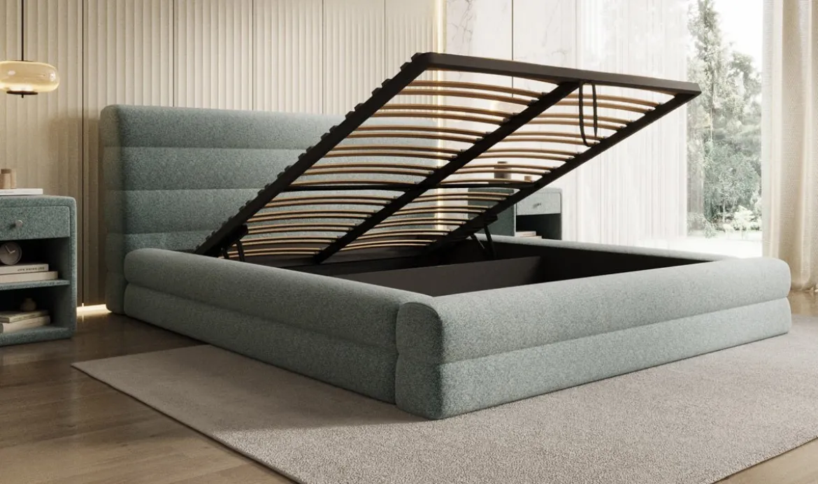 Designer Polsterbett Maren in Strukturstoff mit Stauraum