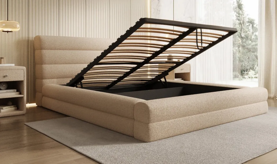 Designer Polsterbett Maren in Teddy Bouclé mit Stauraum