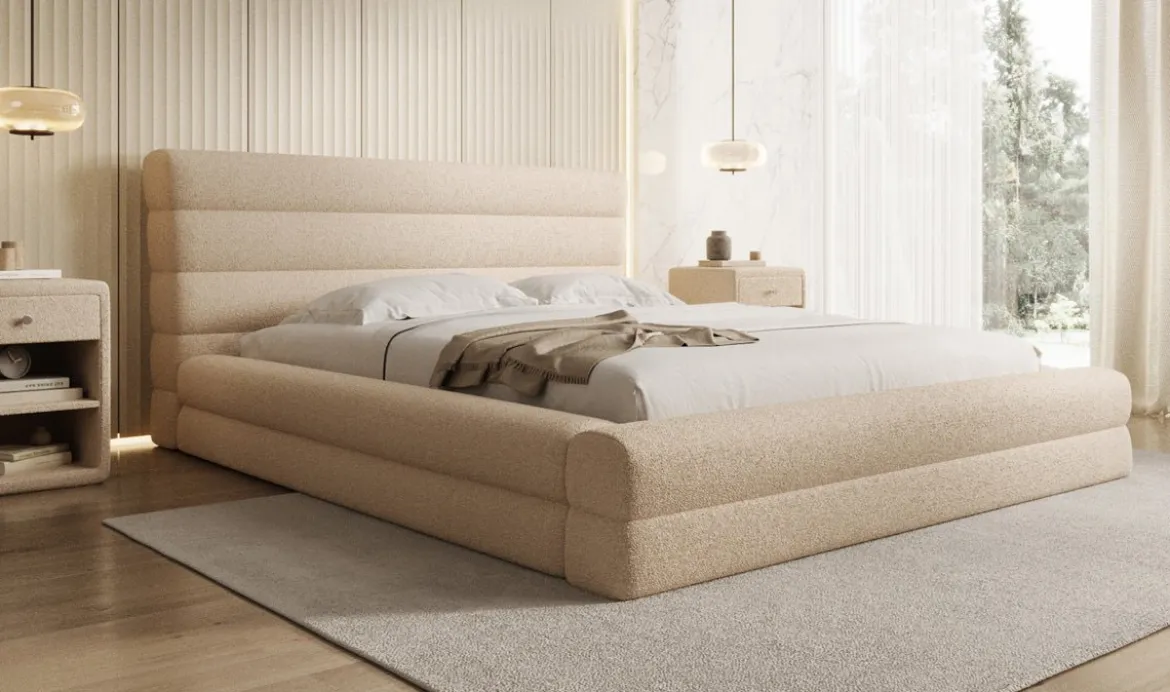 Designer Polsterbett Maren in Teddy Bouclé mit Stauraum