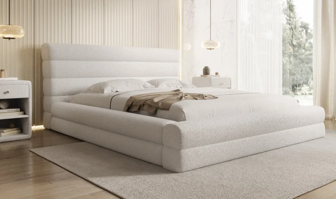 Designer Polsterbett Maren in Teddy Bouclé mit Stauraum