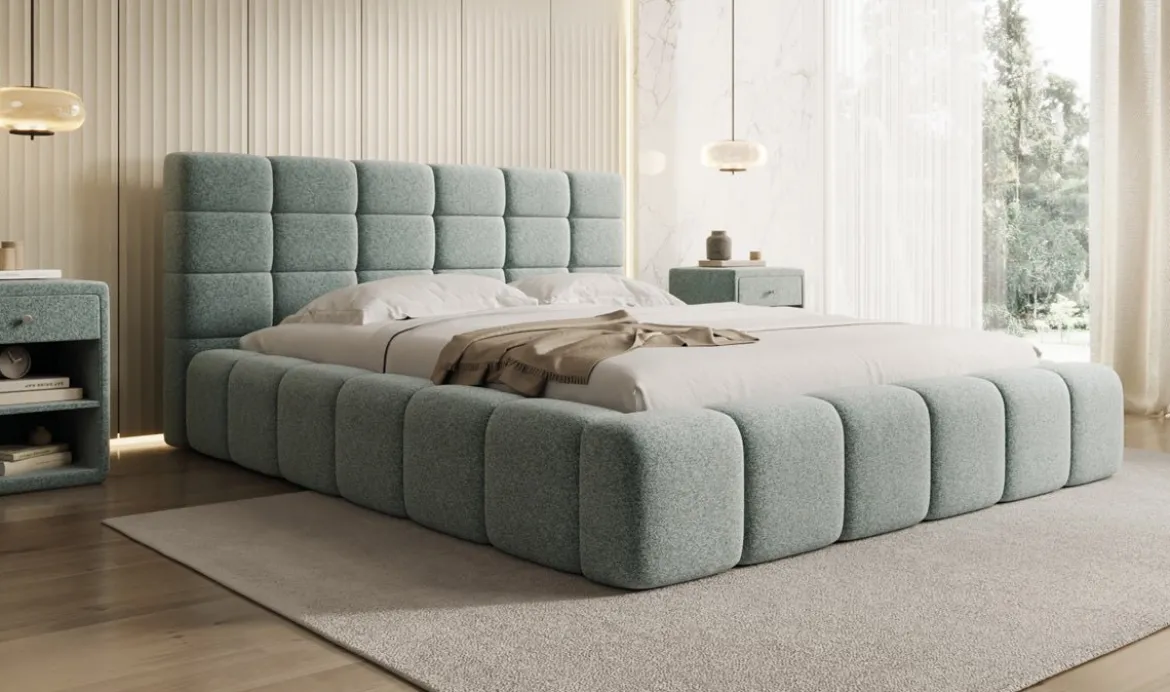 Designer Polsterbett Marshmallow in Strukturstoff mit Stauraum