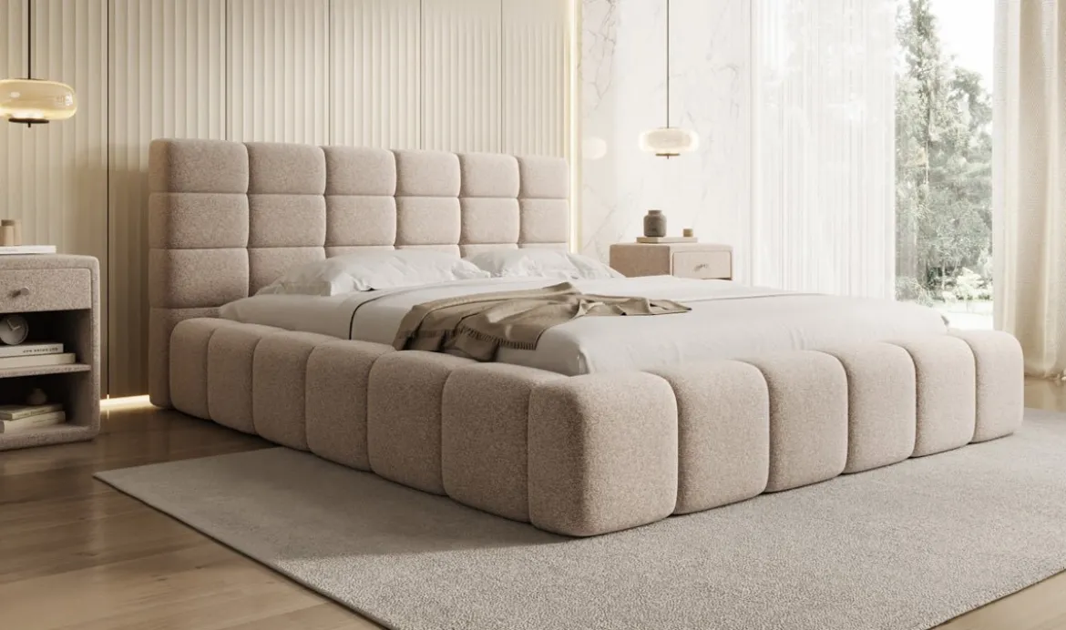 Designer Polsterbett Marshmallow in Strukturstoff mit Stauraum