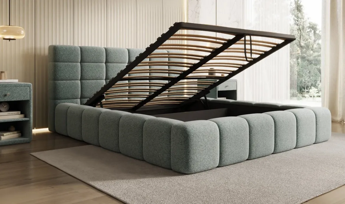 Designer Polsterbett Marshmallow in Strukturstoff mit Stauraum