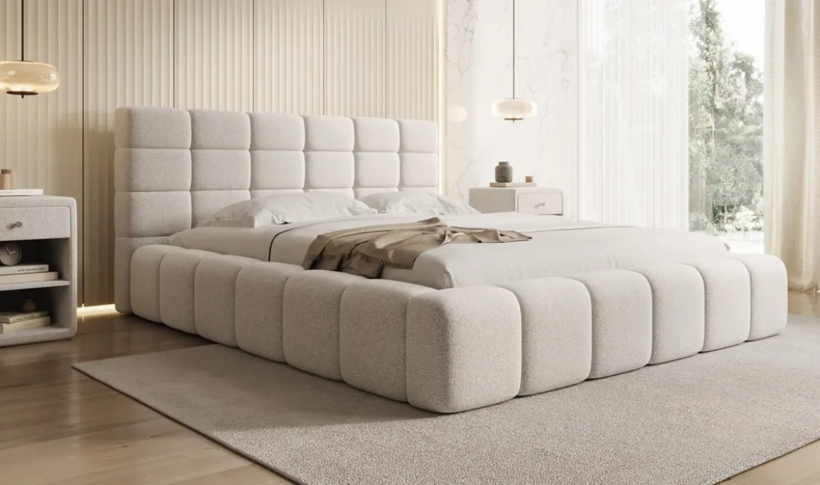Designer Polsterbett Marshmallow in Strukturstoff mit Stauraum