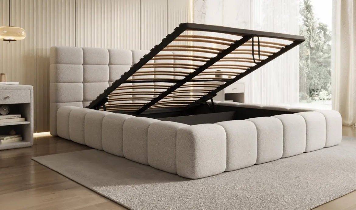 Designer Polsterbett Marshmallow in Strukturstoff mit Stauraum