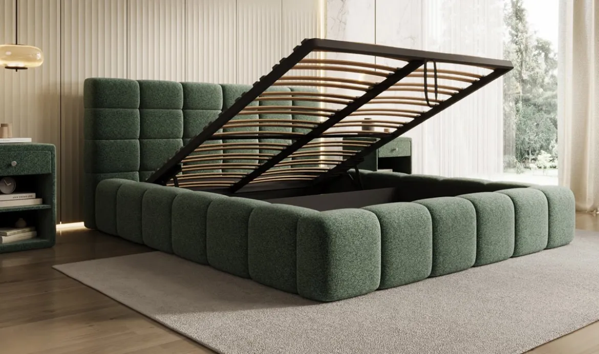 Designer Polsterbett Marshmallow in Strukturstoff mit Stauraum