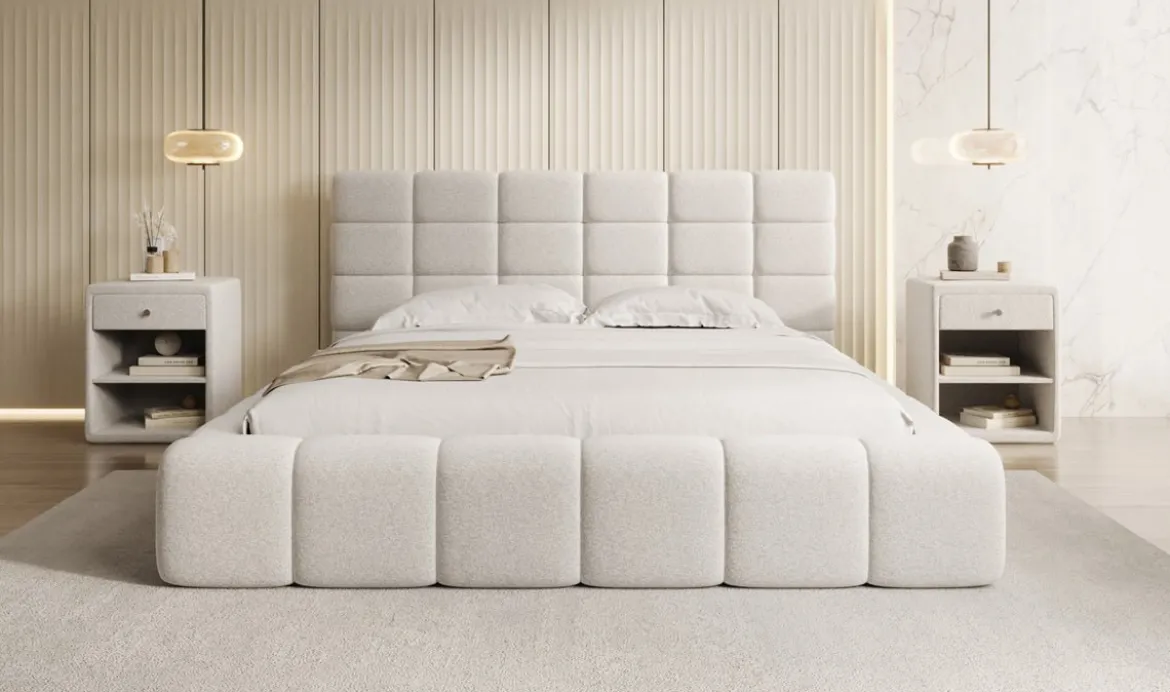 Designer Polsterbett Marshmallow in Strukturstoff mit Stauraum
