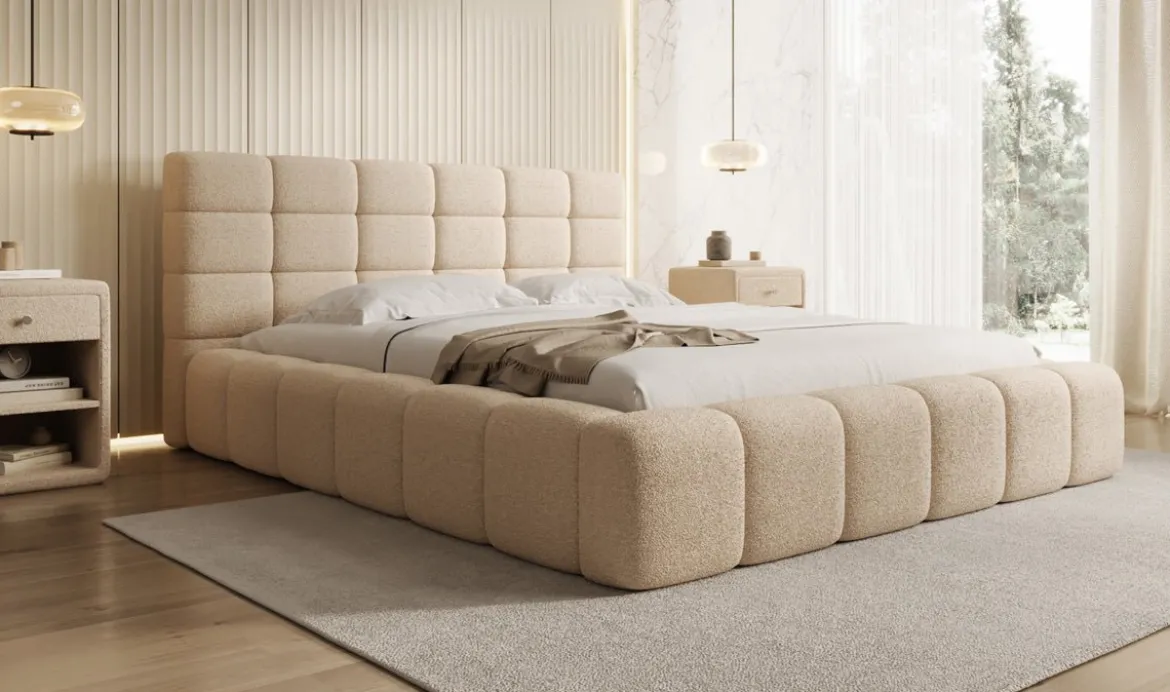 Designer Polsterbett Marshmallow in Teddy Bouclé mit Stauraum