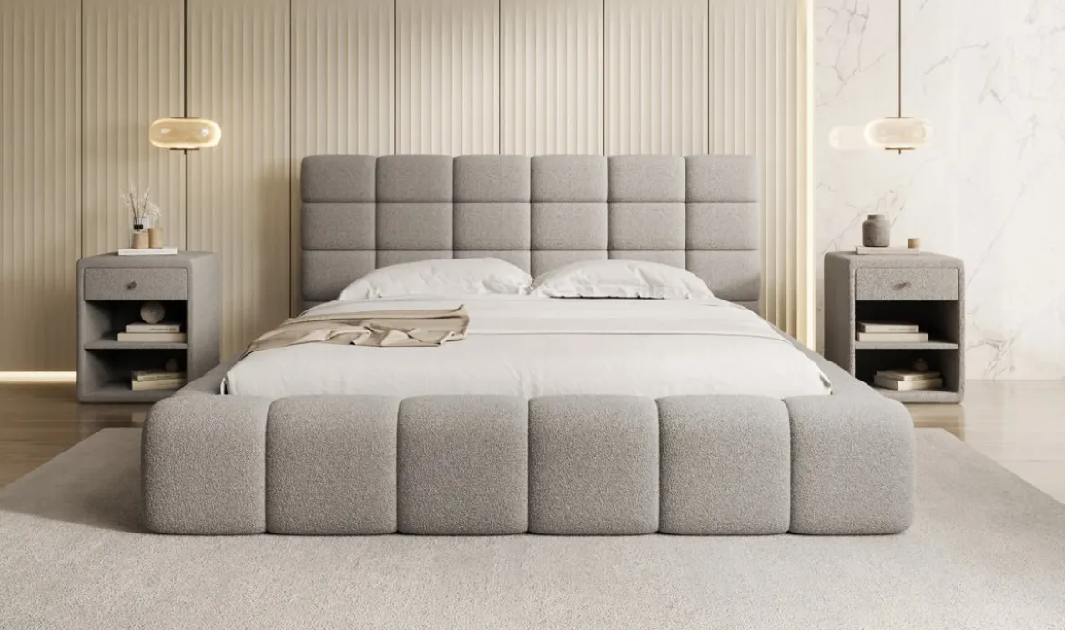 Designer Polsterbett Marshmallow in Teddy Bouclé mit Stauraum