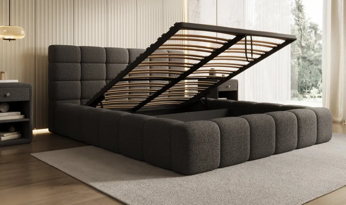 Designer Polsterbett Marshmallow in Teddy Bouclé mit Stauraum