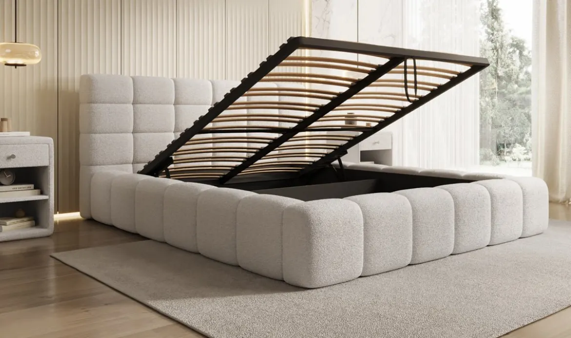 Designer Polsterbett Marshmallow in Teddy Bouclé mit Stauraum