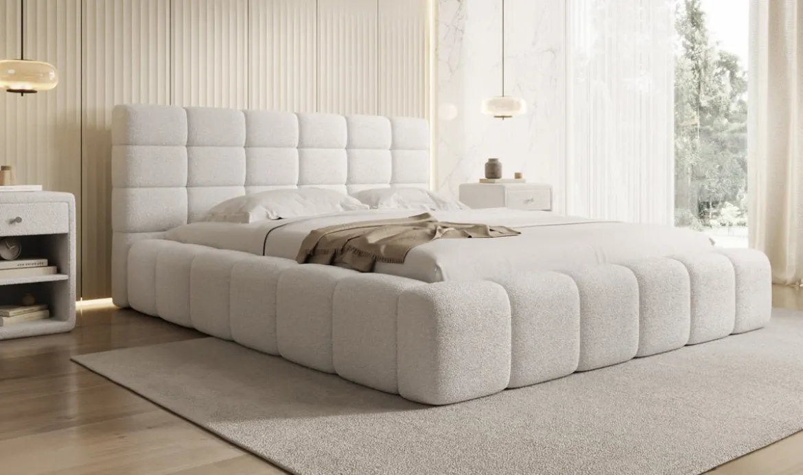 Designer Polsterbett Marshmallow in Teddy Bouclé mit Stauraum