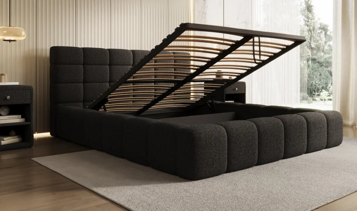 Designer Polsterbett Marshmallow in Teddy Bouclé mit Stauraum