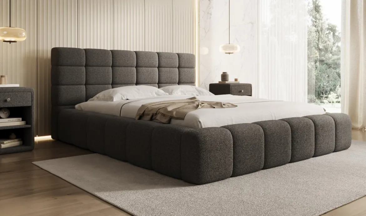 Designer Polsterbett Marshmallow in Teddy Bouclé mit Stauraum