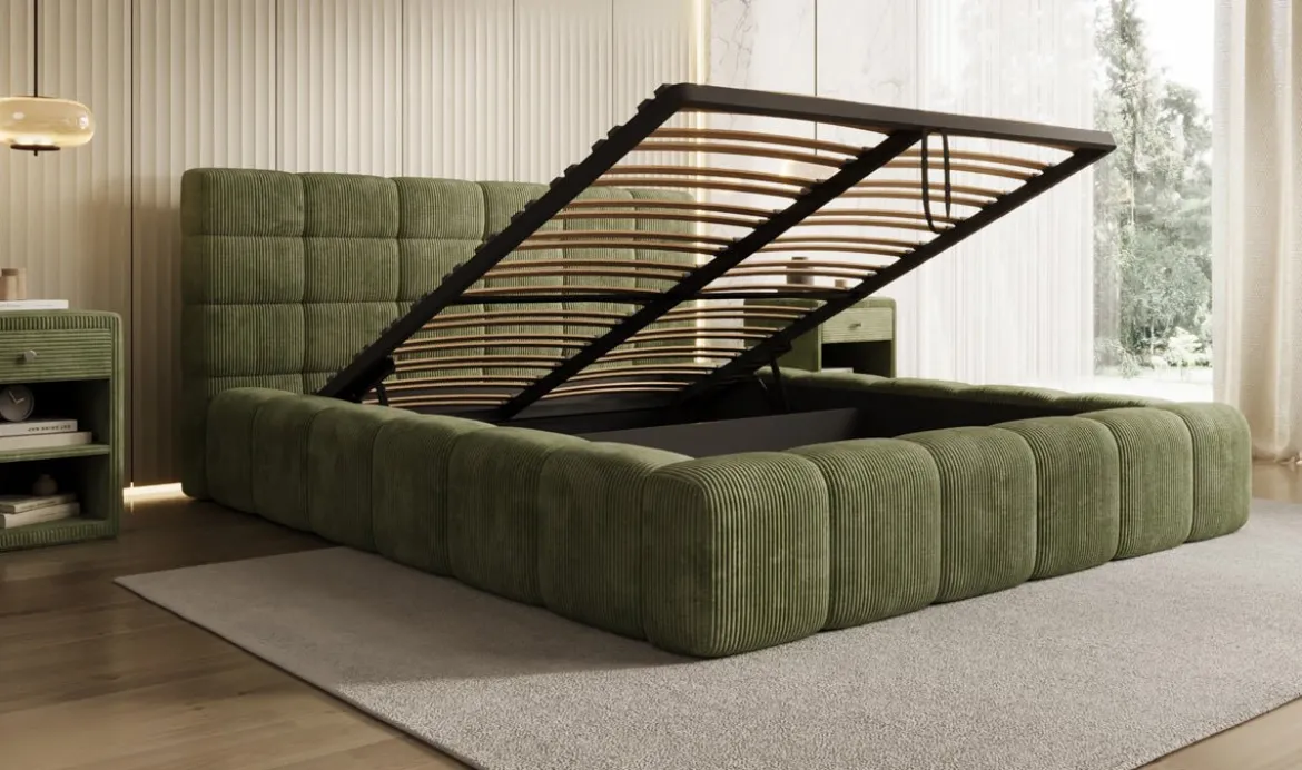 Designer Polsterbett Marshmallow in Cord mit Stauraum