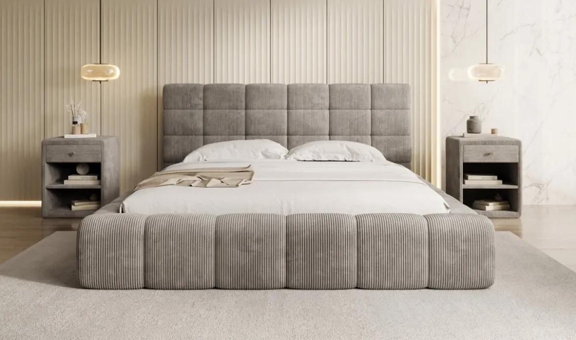 Designer Polsterbett Marshmallow in Cord mit Stauraum