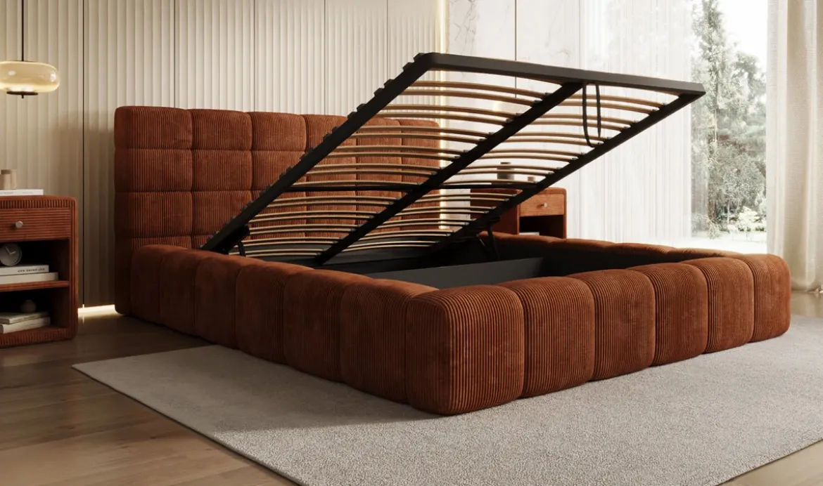 Designer Polsterbett Marshmallow in Cord mit Stauraum