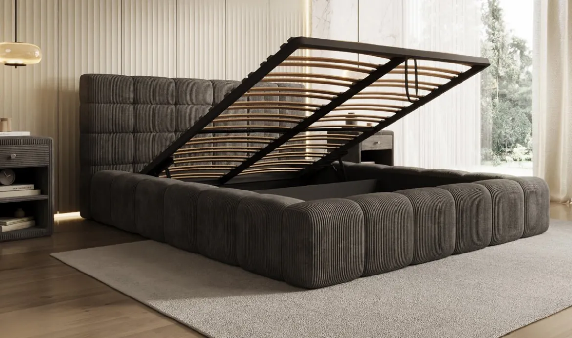 Designer Polsterbett Marshmallow in Cord mit Stauraum