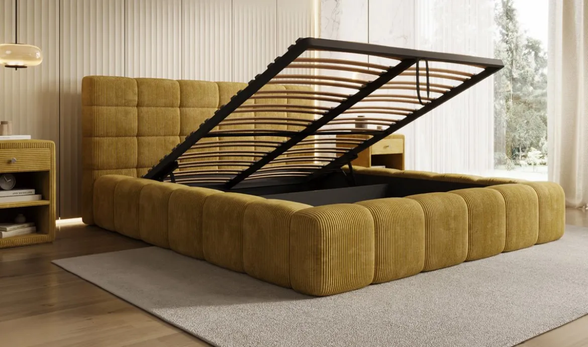 Designer Polsterbett Marshmallow in Cord mit Stauraum