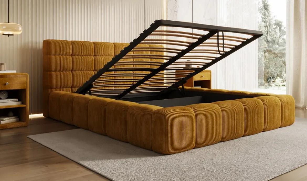 Designer Polsterbett Marshmallow in Cord mit Stauraum