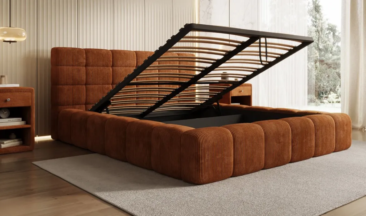 Designer Polsterbett Marshmallow in Cord mit Stauraum