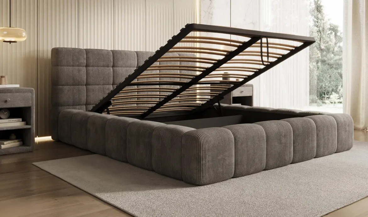 Designer Polsterbett Marshmallow in Cord mit Stauraum