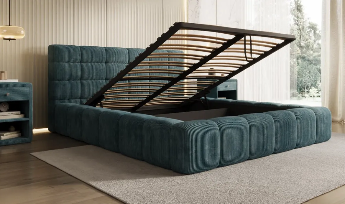 Designer Polsterbett Marshmallow in Cord mit Stauraum