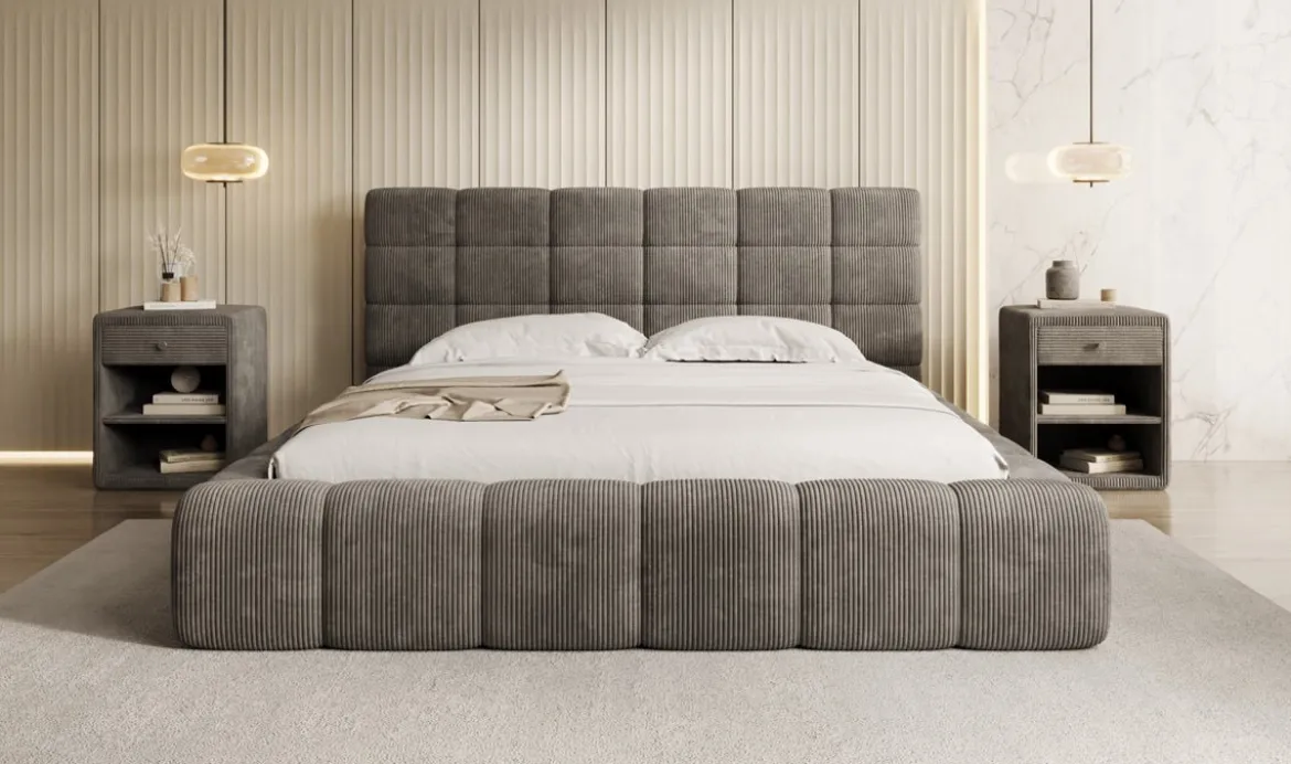 Designer Polsterbett Marshmallow in Cord mit Stauraum
