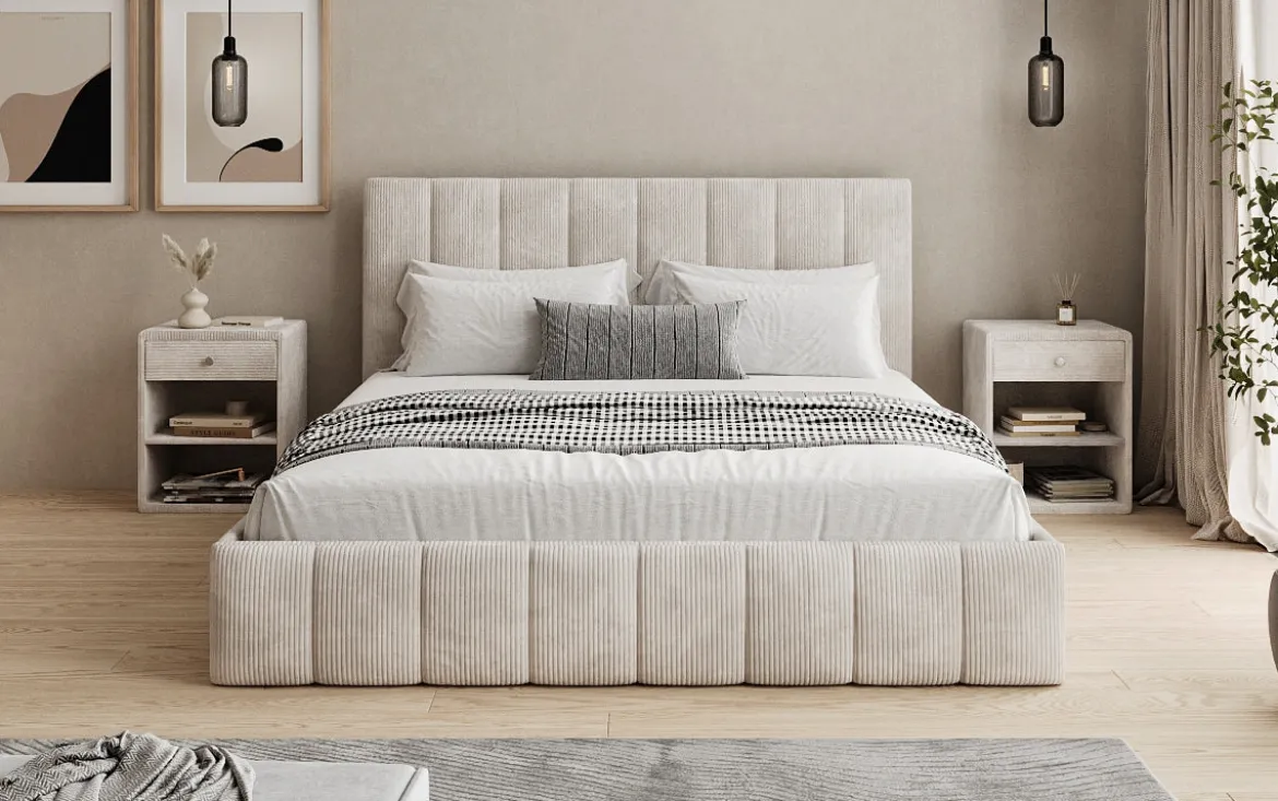 Designer Polsterbett Mila in Cord mit Stauraum